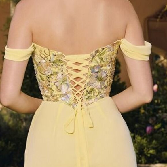 New LT Yellow Off The Shoulder Long Floral Chiffon Gown w/ Lace Up Back CD T721 - Picture 10 of 11